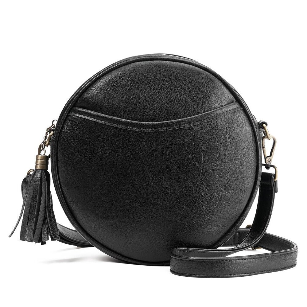 Vegan Leather Round Crossbody Bag with Adjustable Strap & Multiple Pockets
